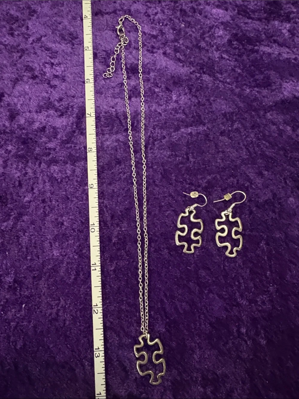 Silver Tone Puzzle Pendant Necklace and Earrings Set